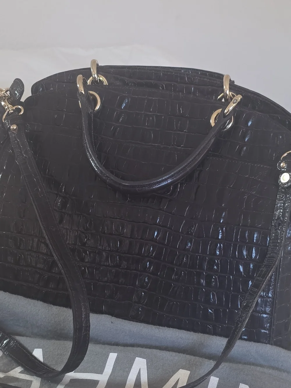Brahmin Black Croc-Embossed Women's Satchel Bag - Gold Hardware